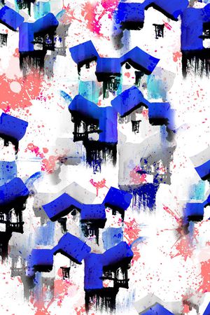 中国风抽象建筑、喷溅元素、水墨印花华亿平台图片