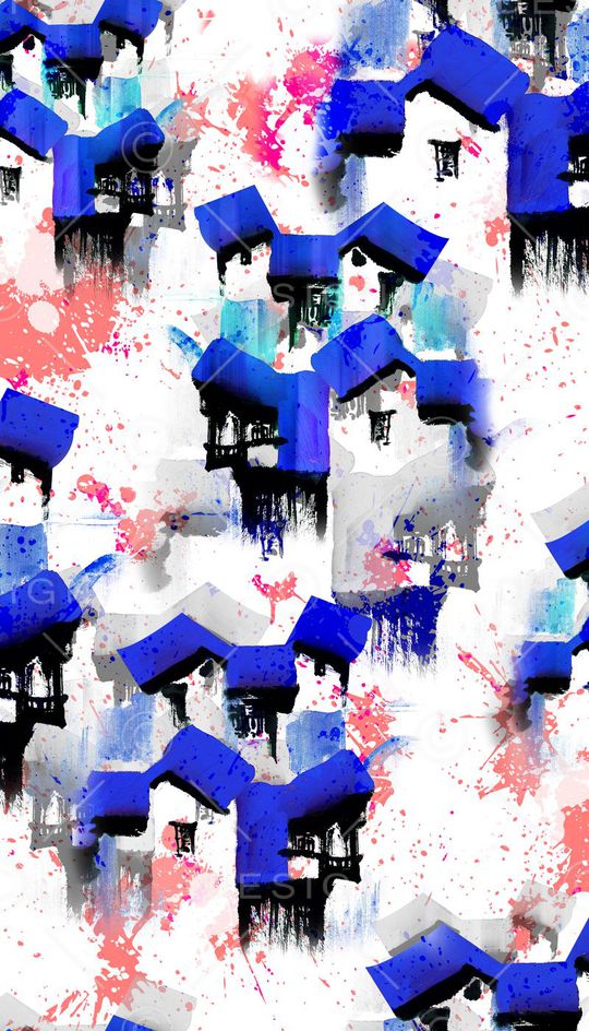 中国风抽象建筑、喷溅元素、水墨印花华亿平台图片