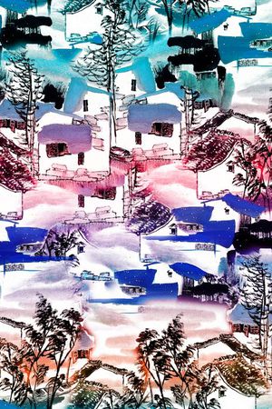 中国风建筑、水墨、渐变色叠加印花华亿平台图片