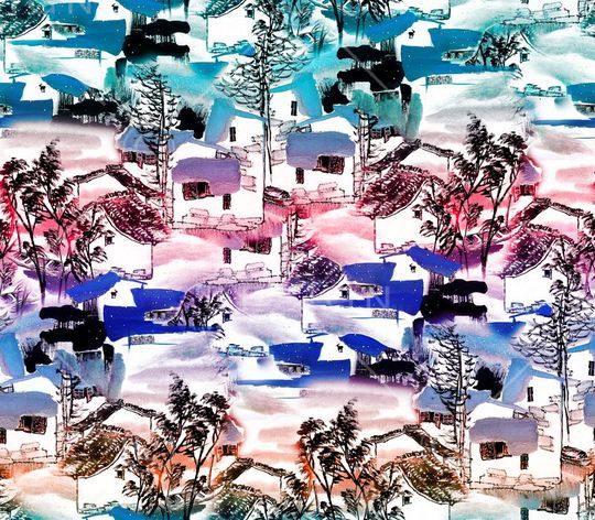 中国风建筑、水墨、渐变色叠加印花华亿平台图片