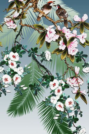 中国风、工笔画花鸟、树叶剪影、印花华亿平台图片