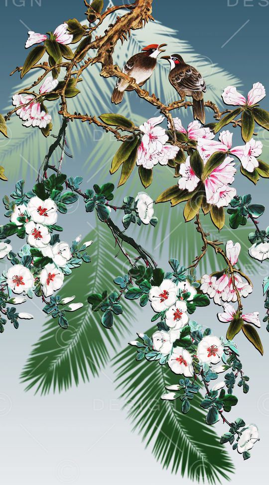 中国风、工笔画花鸟、树叶剪影、印花华亿平台图片