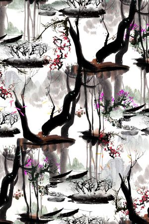 山水画印花华亿平台图片