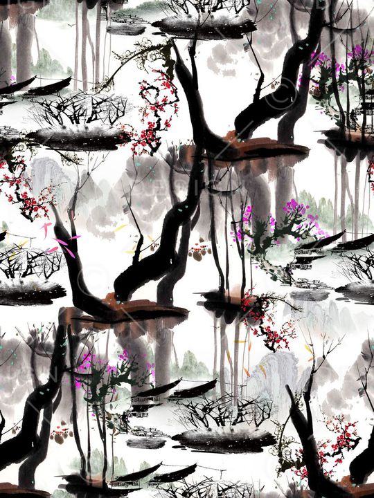 山水画印花华亿平台图片