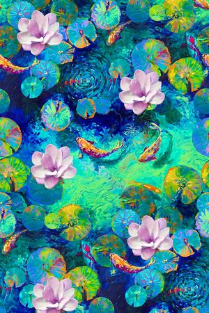 油画荷花印花华亿平台图片