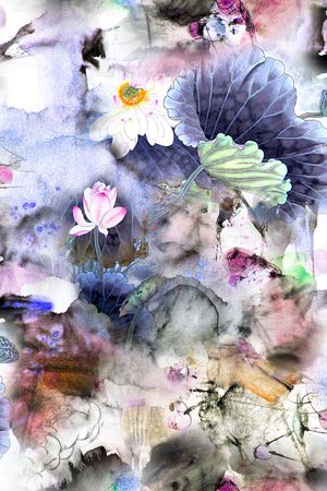 水墨荷花印花华亿平台图片