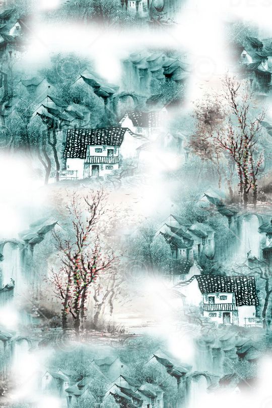 水墨民居印花华亿平台图片