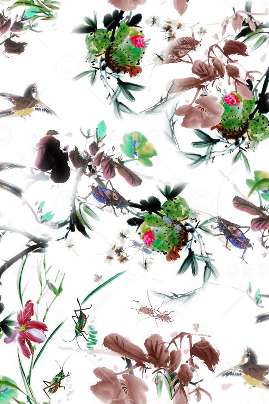 水墨花卉印花华亿平台图片