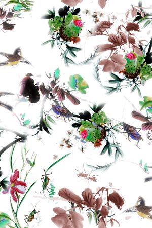 水墨花卉印花华亿平台图片