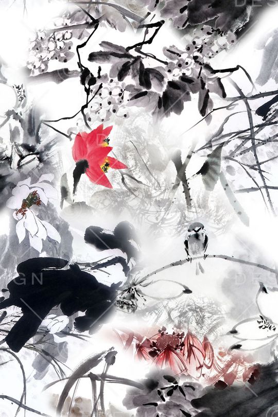 水墨荷花印花华亿平台图片