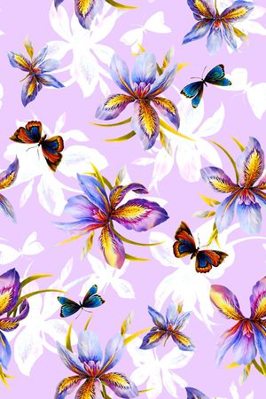 抽象手绘满版最新高清数码时尚潮流大牌复古欧美风水彩花卉印花华亿平台图片