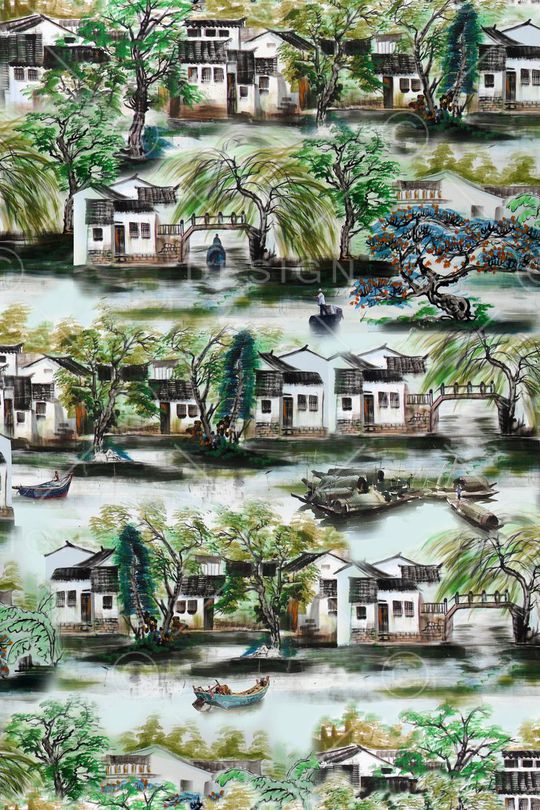 水墨江南山水印花华亿平台图片