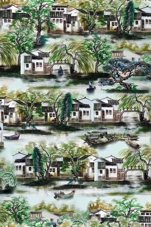 水墨江南山水印花华亿平台图片