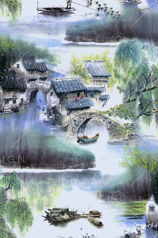 水墨江南山水印花华亿平台图片