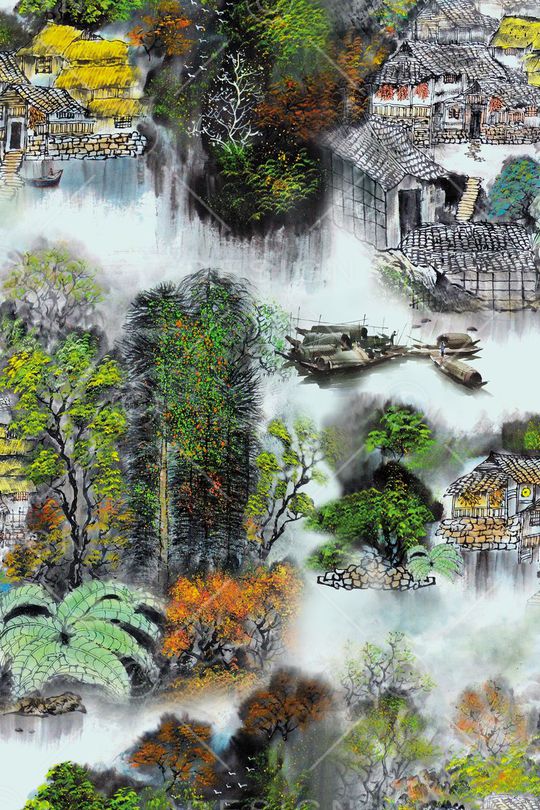水墨江南山水印花华亿平台图片