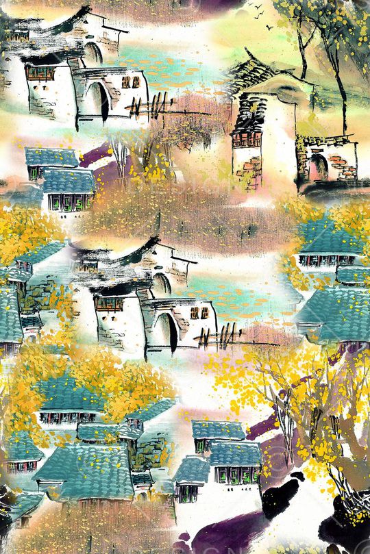 时尚手绘水彩画房子印花印花华亿平台图片