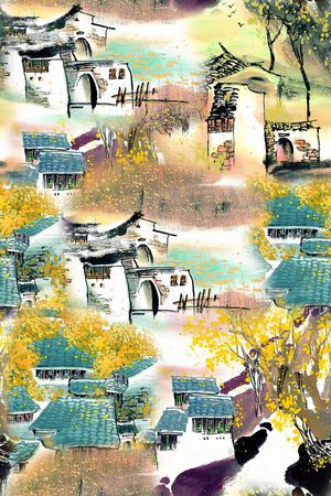 时尚手绘水彩画房子印花印花华亿平台图片