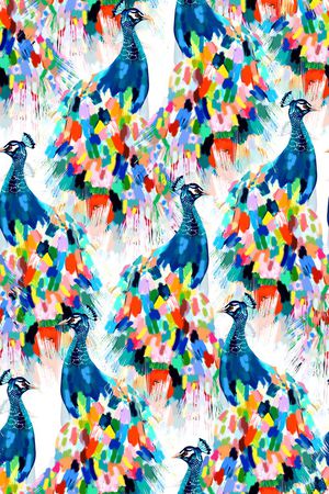 抽象手绘满版最新高清数码时尚潮流大牌复古欧美风孔雀鸟印花华亿平台图片