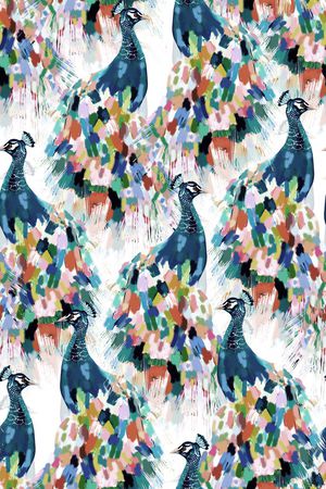 抽象手绘满版最新高清数码时尚潮流大牌复古欧美风孔雀鸟印花华亿平台图片