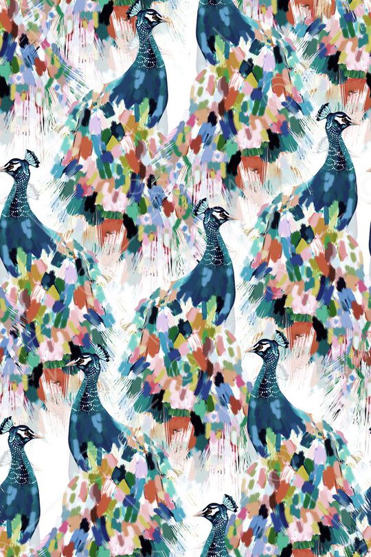 抽象手绘满版最新高清数码时尚潮流大牌复古欧美风孔雀鸟印花华亿平台图片