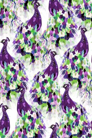 抽象手绘满版最新高清数码时尚潮流大牌复古欧美风孔雀鸟印花华亿平台图片