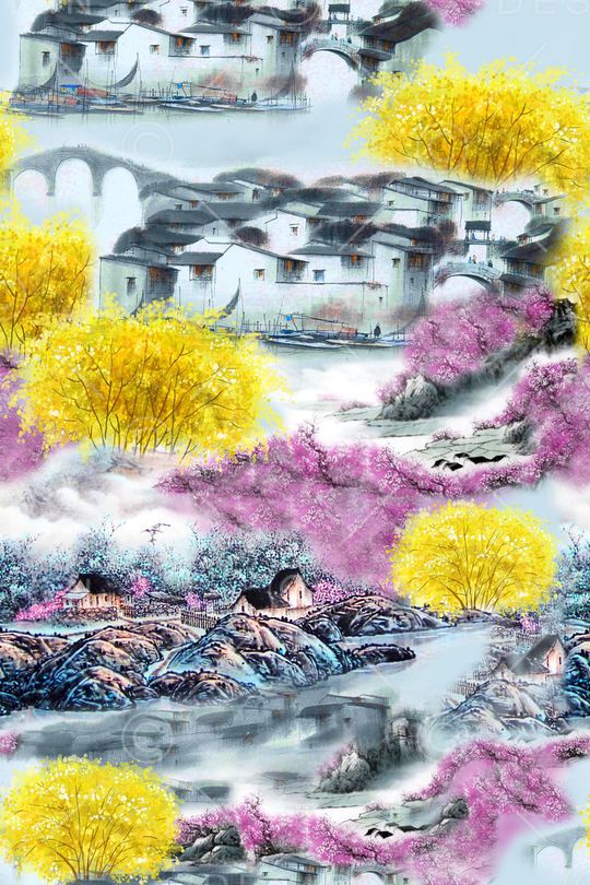 山水画印花华亿平台图片