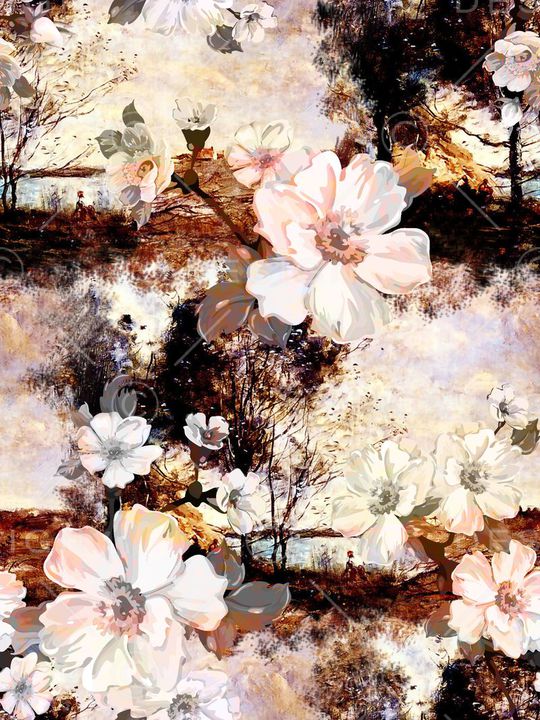 抽象手绘满版最新高清数码时尚潮流大牌复古欧美风花卉印花华亿平台图片