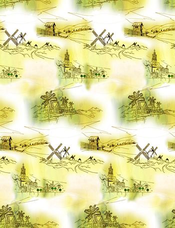 627157-建筑线描插画风景 水彩底纹