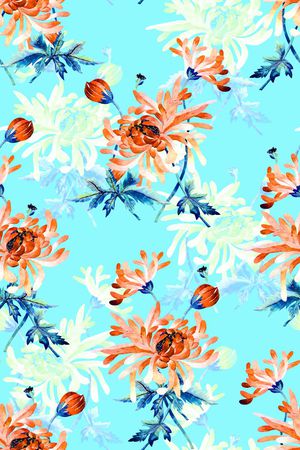 抽象手绘满版水彩花卉印花华亿平台图片