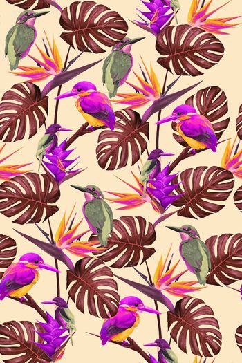 629127-热带雨林天堂鸟叶子匹布