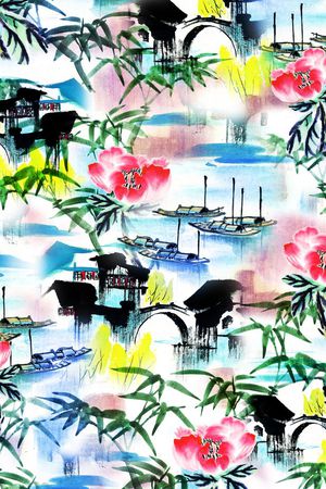 中国风建筑、水墨花卉、小桥流水印花华亿平台图片