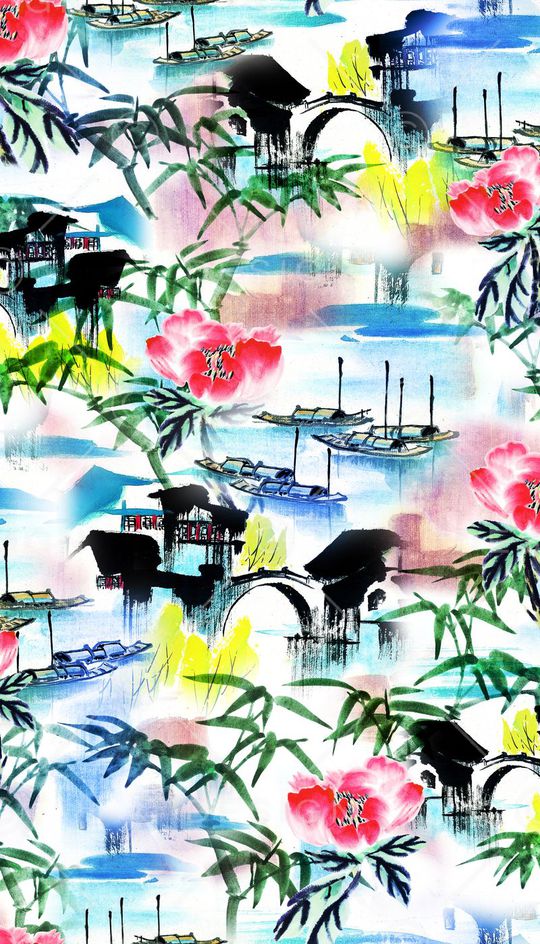 中国风建筑、水墨花卉、小桥流水印花华亿平台图片