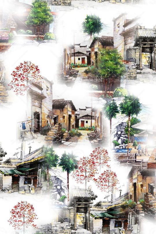 水彩风景印花华亿平台图片