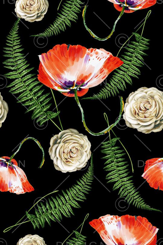 性感黑底、花卉、树叶印花华亿平台图片