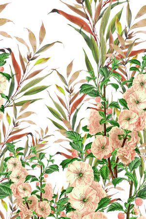 手绘花卉、手绘树叶、定位印花华亿平台图片