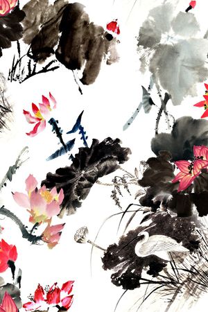 水墨荷花印花华亿平台图片