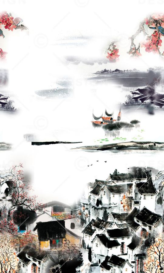 绘画民居印花华亿平台图片