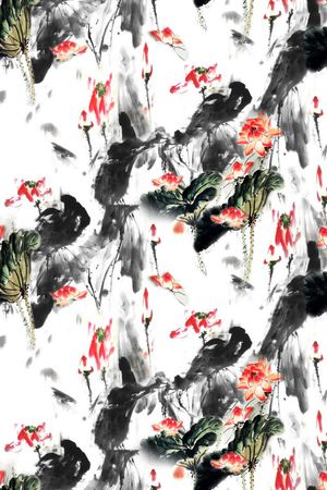 水墨荷花印花华亿平台图片