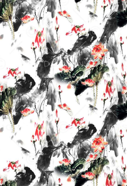 水墨荷花印花华亿平台图片