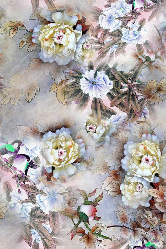 工笔荷花印花华亿平台图片