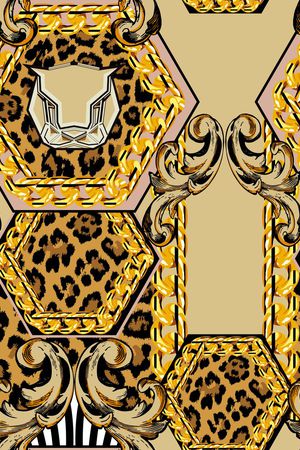 狮子头豹纹卷叶草链条童装华亿平台印花华亿平台图片