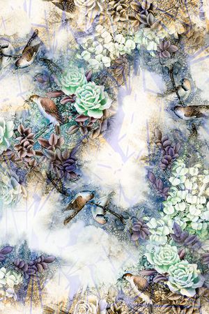 手绘花鸟印花华亿平台图片