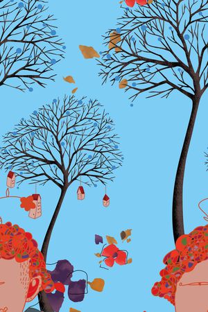 手绘卡通抽象人像花卉树木女装华亿平台印花华亿平台图片