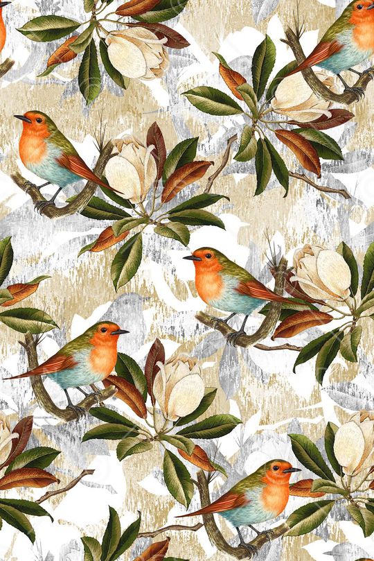 抽象手绘满版花鸟印花华亿平台图片