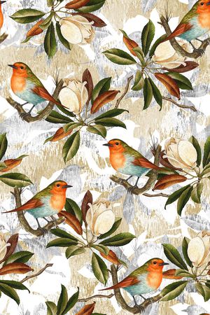 抽象手绘满版花鸟印花华亿平台图片