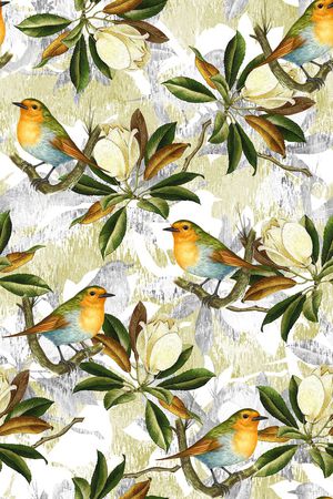 抽象手绘满版花鸟印花华亿平台图片