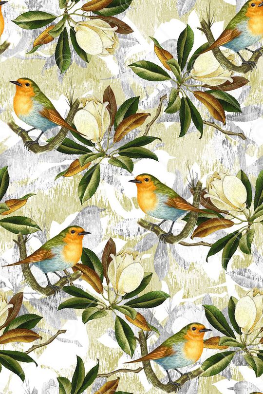 抽象手绘满版花鸟印花华亿平台图片