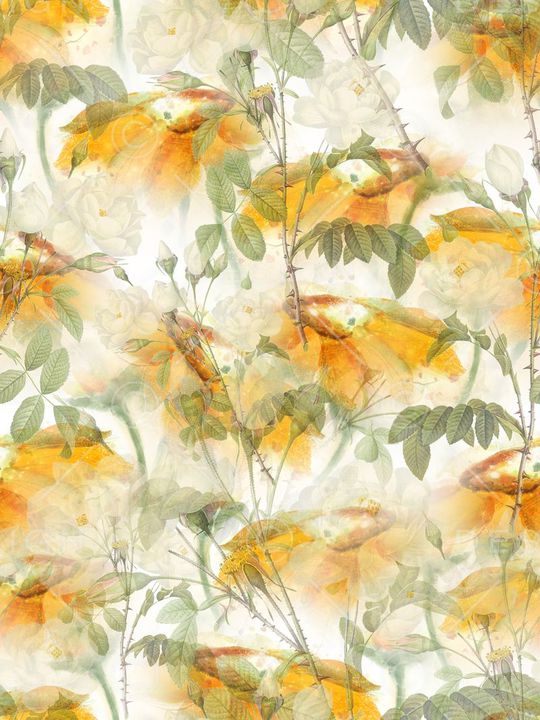 复古、手绘、向日葵、月季印花华亿平台图片