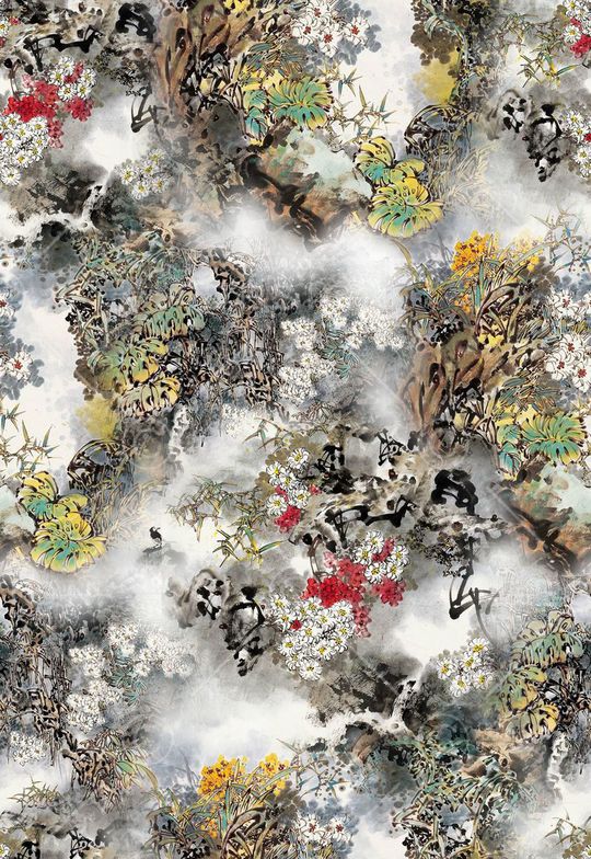 水墨花卉印花华亿平台图片