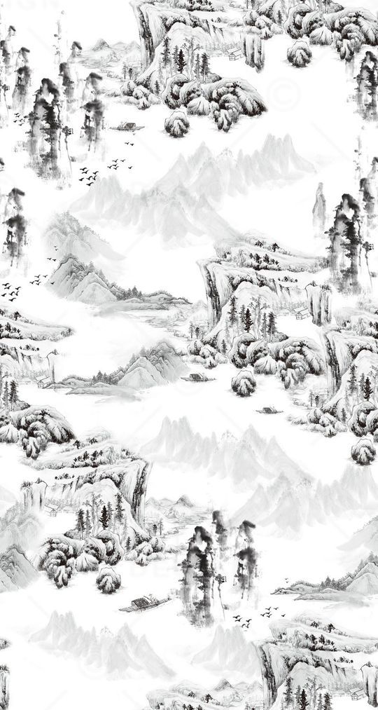 中国风水墨山水印花华亿平台图片